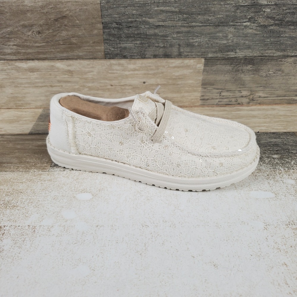 Hey Dude Wendy Sequin Lace Womens Loafer Shoes Sz 7 Ivory Comfort Slip On